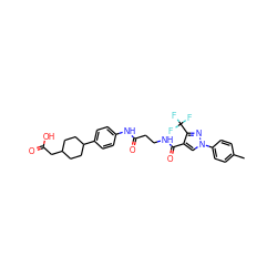 Cc1ccc(-n2cc(C(=O)NCCC(=O)Nc3ccc(C4CCC(CC(=O)O)CC4)cc3)c(C(F)(F)F)n2)cc1 ZINC001772577701