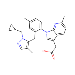 Cc1ccc(-n2cc(CC(=O)O)c3ccc(C)nc32)c(Cc2c(C)cnn2CC2CC2)c1 ZINC000208711756