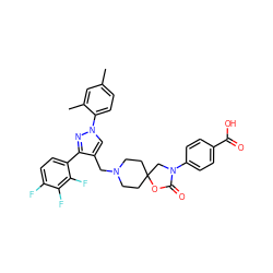 Cc1ccc(-n2cc(CN3CCC4(CC3)CN(c3ccc(C(=O)O)cc3)C(=O)O4)c(-c3ccc(F)c(F)c3F)n2)c(C)c1 ZINC000144642962