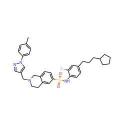 Cc1ccc(-n2cc(CN3CCc4cc(S(=O)(=O)Nc5ccc(CCCC6CCCC6)cc5F)ccc4C3)cn2)cc1 ZINC000261094912