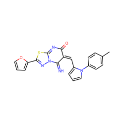 Cc1ccc(-n2cccc2/C=C2\C(=N)N3N=C(c4ccco4)SC3=NC2=O)cc1 ZINC000004909158