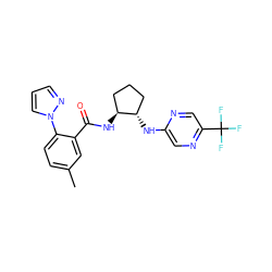 Cc1ccc(-n2cccn2)c(C(=O)N[C@H]2CCC[C@@H]2Nc2cnc(C(F)(F)F)cn2)c1 ZINC001772583192