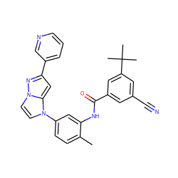 Cc1ccc(-n2ccn3nc(-c4cccnc4)cc23)cc1NC(=O)c1cc(C#N)cc(C(C)(C)C)c1 ZINC000224764627