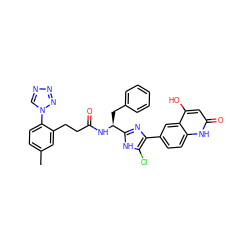 Cc1ccc(-n2cnnn2)c(CCC(=O)N[C@@H](Cc2ccccc2)c2nc(-c3ccc4[nH]c(=O)cc(O)c4c3)c(Cl)[nH]2)c1 ZINC000115472982