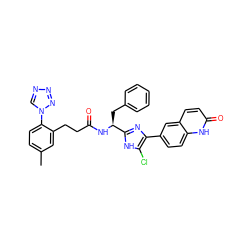 Cc1ccc(-n2cnnn2)c(CCC(=O)N[C@@H](Cc2ccccc2)c2nc(-c3ccc4[nH]c(=O)ccc4c3)c(Cl)[nH]2)c1 ZINC000115471288