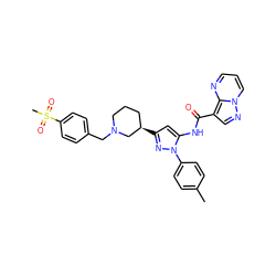 Cc1ccc(-n2nc([C@@H]3CCCN(Cc4ccc(S(C)(=O)=O)cc4)C3)cc2NC(=O)c2cnn3cccnc23)cc1 ZINC000204757369