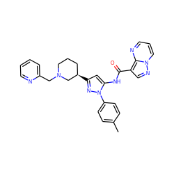 Cc1ccc(-n2nc([C@@H]3CCCN(Cc4ccccn4)C3)cc2NC(=O)c2cnn3cccnc23)cc1 ZINC000204765841