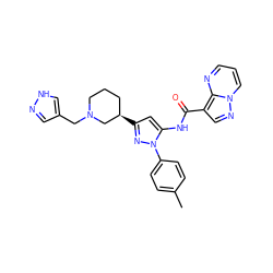 Cc1ccc(-n2nc([C@@H]3CCCN(Cc4cn[nH]c4)C3)cc2NC(=O)c2cnn3cccnc23)cc1 ZINC000204745672