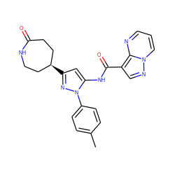 Cc1ccc(-n2nc([C@H]3CCNC(=O)CC3)cc2NC(=O)c2cnn3cccnc23)cc1 ZINC000203724792