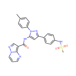 Cc1ccc(-n2nc(-c3ccc(NS(C)(=O)=O)cc3)cc2NC(=O)c2cnn3cccnc23)cc1 ZINC000204748878