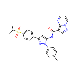 Cc1ccc(-n2nc(-c3ccc(S(=O)(=O)C(C)C)cc3)cc2NC(=O)c2cnn3cccnc23)cc1 ZINC000142490491