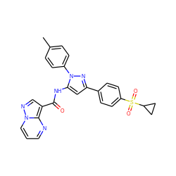 Cc1ccc(-n2nc(-c3ccc(S(=O)(=O)C4CC4)cc3)cc2NC(=O)c2cnn3cccnc23)cc1 ZINC000145887842