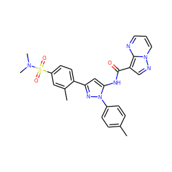 Cc1ccc(-n2nc(-c3ccc(S(=O)(=O)N(C)C)cc3C)cc2NC(=O)c2cnn3cccnc23)cc1 ZINC000145885515