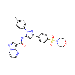 Cc1ccc(-n2nc(-c3ccc(S(=O)(=O)N4CCOCC4)cc3)cc2NC(=O)c2cnn3cccnc23)cc1 ZINC000203750914