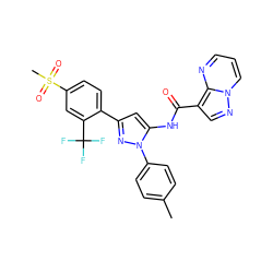 Cc1ccc(-n2nc(-c3ccc(S(C)(=O)=O)cc3C(F)(F)F)cc2NC(=O)c2cnn3cccnc23)cc1 ZINC000203762806