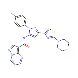 Cc1ccc(-n2nc(-c3csc(N4CCOCC4)n3)cc2NC(=O)c2cnn3cccnc23)cc1 ZINC000145887435