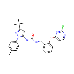 Cc1ccc(-n2nc(C(C)(C)C)cc2NC(=O)NCc2ccccc2Oc2ccnc(Cl)n2)cc1 ZINC000084671663