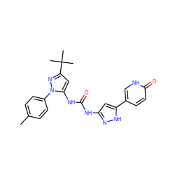 Cc1ccc(-n2nc(C(C)(C)C)cc2NC(=O)Nc2cc(-c3ccc(=O)[nH]c3)[nH]n2)cc1 ZINC000095558444