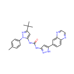 Cc1ccc(-n2nc(C(C)(C)C)cc2NC(=O)Nc2cc(-c3ccc4nccnc4c3)[nH]n2)cc1 ZINC000095562263