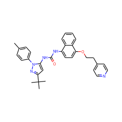 Cc1ccc(-n2nc(C(C)(C)C)cc2NC(=O)Nc2ccc(OCCc3ccncc3)c3ccccc23)cc1 ZINC000013528336