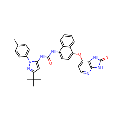 Cc1ccc(-n2nc(C(C)(C)C)cc2NC(=O)Nc2ccc(Oc3ccnc4[nH]c(=O)[nH]c34)c3ccccc23)cc1 ZINC000049780700