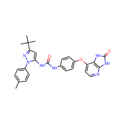 Cc1ccc(-n2nc(C(C)(C)C)cc2NC(=O)Nc2ccc(Oc3ccnc4[nH]c(=O)[nH]c34)cc2)cc1 ZINC000049071801