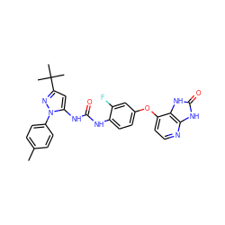 Cc1ccc(-n2nc(C(C)(C)C)cc2NC(=O)Nc2ccc(Oc3ccnc4[nH]c(=O)[nH]c34)cc2F)cc1 ZINC000049124904