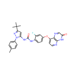 Cc1ccc(-n2nc(C(C)(C)C)cc2NC(=O)Nc2ccc(Oc3ccnc4[nH]c(=O)cnc34)cc2F)cc1 ZINC000043205800