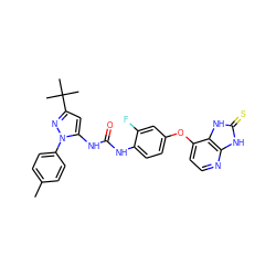 Cc1ccc(-n2nc(C(C)(C)C)cc2NC(=O)Nc2ccc(Oc3ccnc4[nH]c(=S)[nH]c34)cc2F)cc1 ZINC000058540984