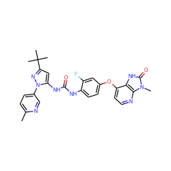 Cc1ccc(-n2nc(C(C)(C)C)cc2NC(=O)Nc2ccc(Oc3ccnc4c3[nH]c(=O)n4C)cc2F)cn1 ZINC000049780637