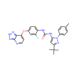 Cc1ccc(-n2nc(C(C)(C)C)cc2NC(=O)Nc2ccc(Oc3ccnc4n[nH]nc34)cc2F)cc1 ZINC000058583556