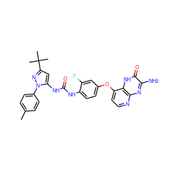 Cc1ccc(-n2nc(C(C)(C)C)cc2NC(=O)Nc2ccc(Oc3ccnc4nc(N)c(=O)[nH]c34)cc2F)cc1 ZINC000058541478