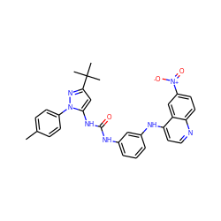 Cc1ccc(-n2nc(C(C)(C)C)cc2NC(=O)Nc2cccc(Nc3ccnc4ccc([N+](=O)[O-])cc34)c2)cc1 ZINC000049680309