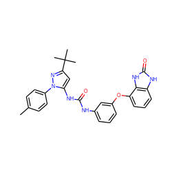 Cc1ccc(-n2nc(C(C)(C)C)cc2NC(=O)Nc2cccc(Oc3cccc4[nH]c(=O)[nH]c34)c2)cc1 ZINC000045386098