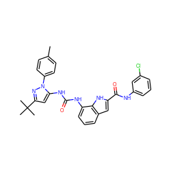 Cc1ccc(-n2nc(C(C)(C)C)cc2NC(=O)Nc2cccc3cc(C(=O)Nc4cccc(Cl)c4)[nH]c23)cc1 ZINC000095560997