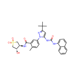 Cc1ccc(-n2nc(C(C)(C)C)cc2NC(=O)Nc2cccc3ccccc23)cc1C(=O)N[C@@H]1CS(=O)(=O)C[C@H]1O ZINC000064540195