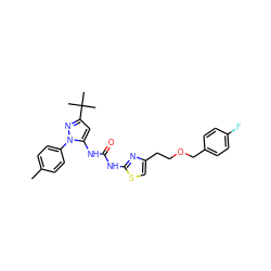 Cc1ccc(-n2nc(C(C)(C)C)cc2NC(=O)Nc2nc(CCOCc3ccc(F)cc3)cs2)cc1 ZINC000073239737