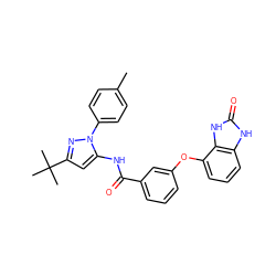 Cc1ccc(-n2nc(C(C)(C)C)cc2NC(=O)c2cccc(Oc3cccc4[nH]c(=O)[nH]c34)c2)cc1 ZINC000045357431