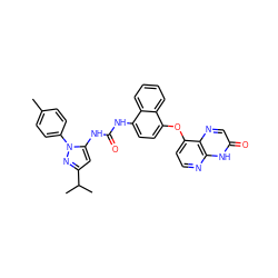 Cc1ccc(-n2nc(C(C)C)cc2NC(=O)Nc2ccc(Oc3ccnc4[nH]c(=O)cnc34)c3ccccc23)cc1 ZINC000148173241