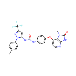 Cc1ccc(-n2nc(C(F)(F)F)cc2NC(=O)Nc2ccc(Oc3ccnc4[nH]c(=O)n(C)c34)cc2)cc1 ZINC000049781300