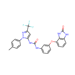 Cc1ccc(-n2nc(C(F)(F)F)cc2NC(=O)Nc2cccc(Oc3cccc4[nH]c(=O)[nH]c34)c2)cc1 ZINC000045368870