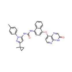 Cc1ccc(-n2nc(C3(C)CC3)cc2NC(=O)Nc2ccc(Oc3ccnc4[nH]c(=O)cnc34)c3ccccc23)cc1 ZINC000199102856