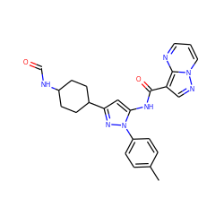 Cc1ccc(-n2nc(C3CCC(NC=O)CC3)cc2NC(=O)c2cnn3cccnc23)cc1 ZINC000143362801