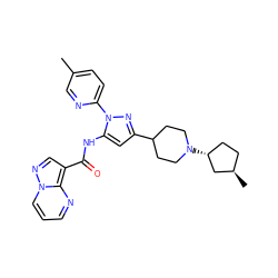 Cc1ccc(-n2nc(C3CCN([C@@H]4CC[C@@H](C)C4)CC3)cc2NC(=O)c2cnn3cccnc23)nc1 ZINC000204745170