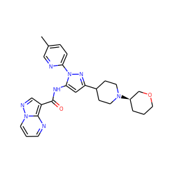 Cc1ccc(-n2nc(C3CCN([C@@H]4CCCOC4)CC3)cc2NC(=O)c2cnn3cccnc23)nc1 ZINC000204756075