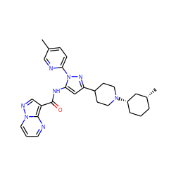 Cc1ccc(-n2nc(C3CCN([C@H]4CCC[C@@H](C)C4)CC3)cc2NC(=O)c2cnn3cccnc23)nc1 ZINC000142374254