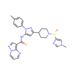 Cc1ccc(-n2nc(C3CCN([S@+]([O-])c4cn(C)cn4)CC3)cc2NC(=O)c2cnn3cccnc23)cc1 ZINC000143379469