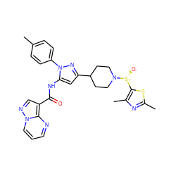 Cc1ccc(-n2nc(C3CCN([S@+]([O-])c4sc(C)nc4C)CC3)cc2NC(=O)c2cnn3cccnc23)cc1 ZINC000143374962