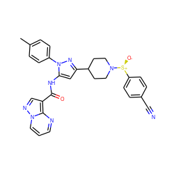 Cc1ccc(-n2nc(C3CCN([S@@+]([O-])c4ccc(C#N)cc4)CC3)cc2NC(=O)c2cnn3cccnc23)cc1 ZINC000143380273