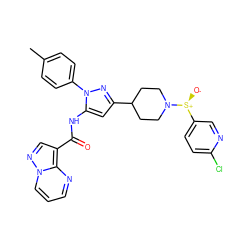 Cc1ccc(-n2nc(C3CCN([S@@+]([O-])c4ccc(Cl)nc4)CC3)cc2NC(=O)c2cnn3cccnc23)cc1 ZINC000143381542